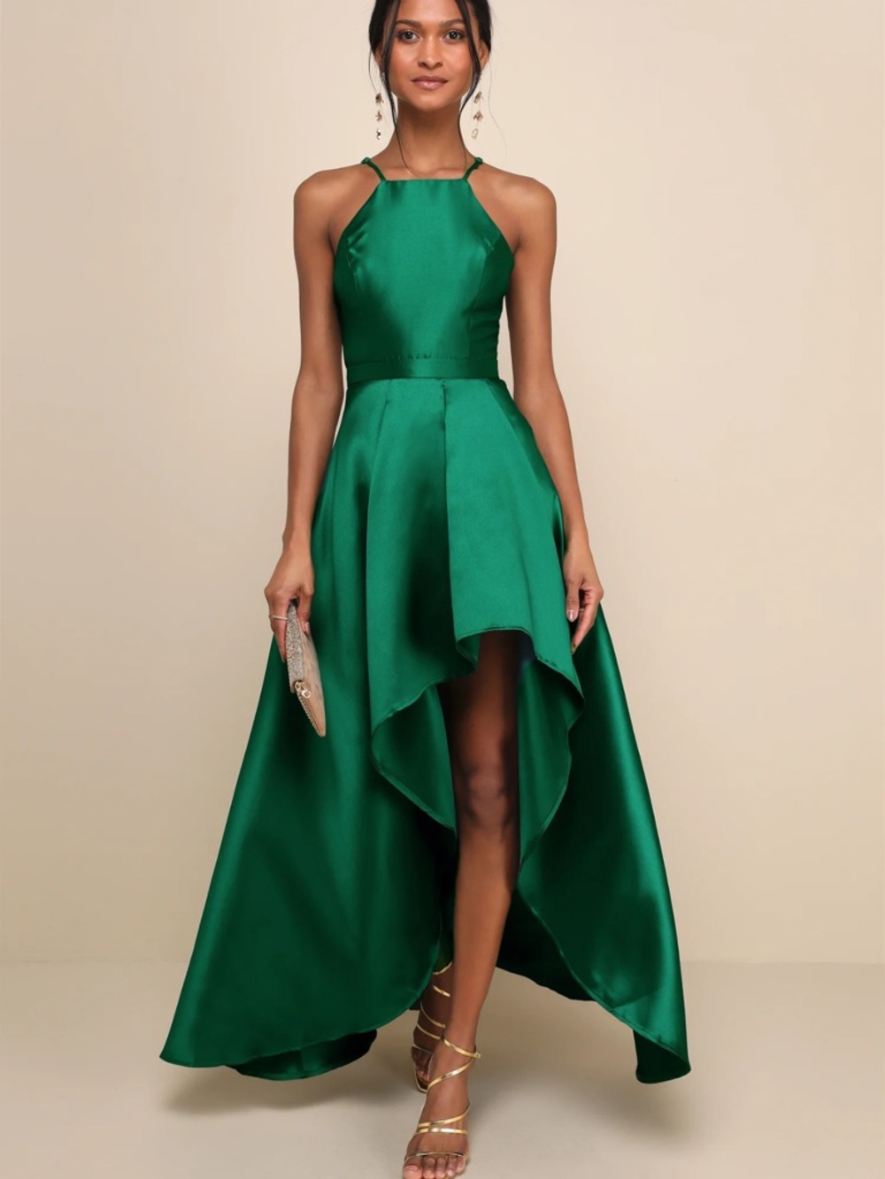 Lulu's Emerald Green Satin High-Low Halter Maxi Dress